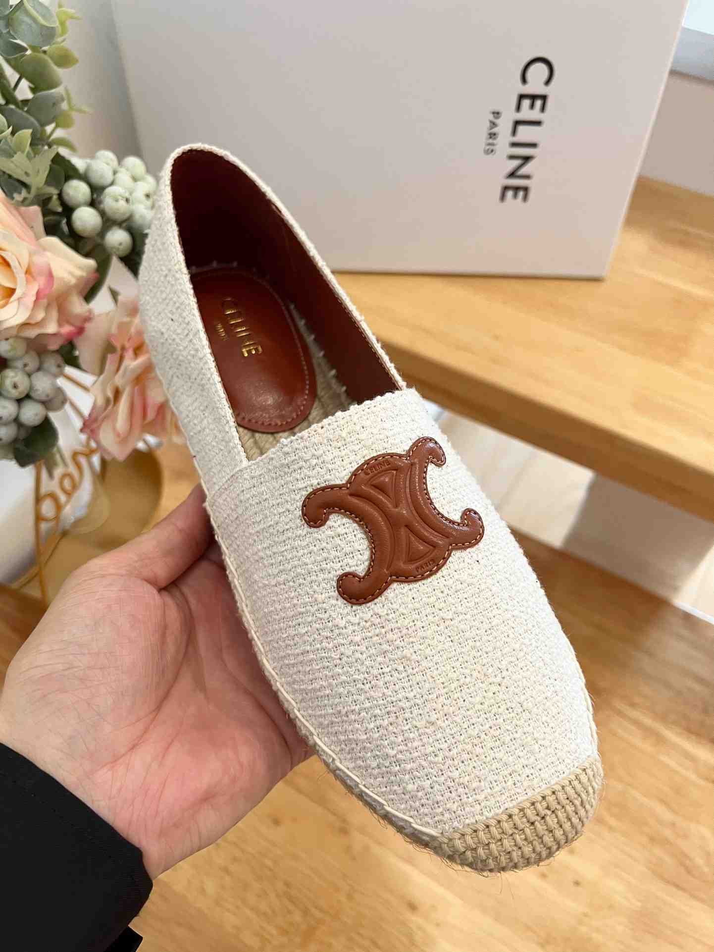 Ce1i*e Flat Espadrille With Triomphe Patch Signature In Tweed White For Women