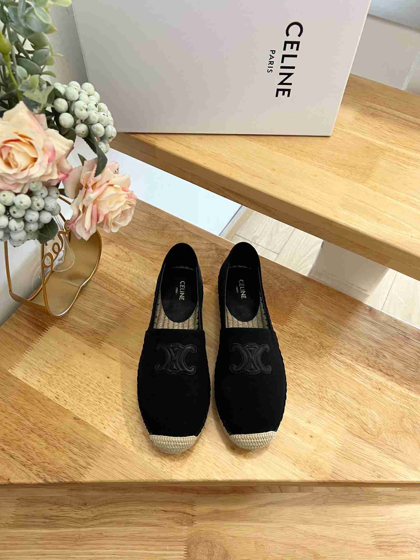 Ce1i*e Flat Espadrille With Triomphe Patch Signature In Tweed Black For Women