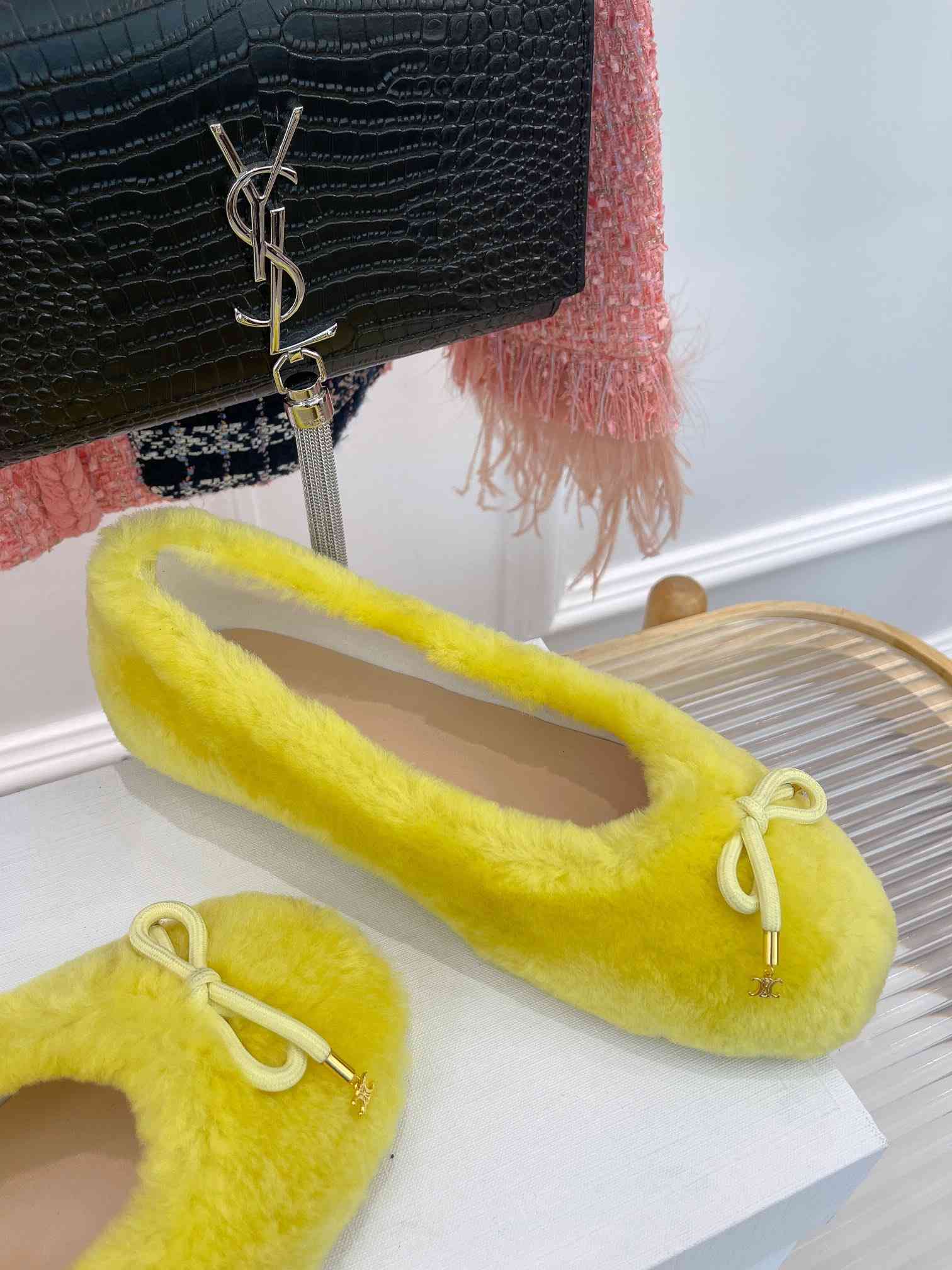 Ce1i*e Les Ballerines Ce1i*e Ballerina With Triomphe Laces And Fur Yellow For Women