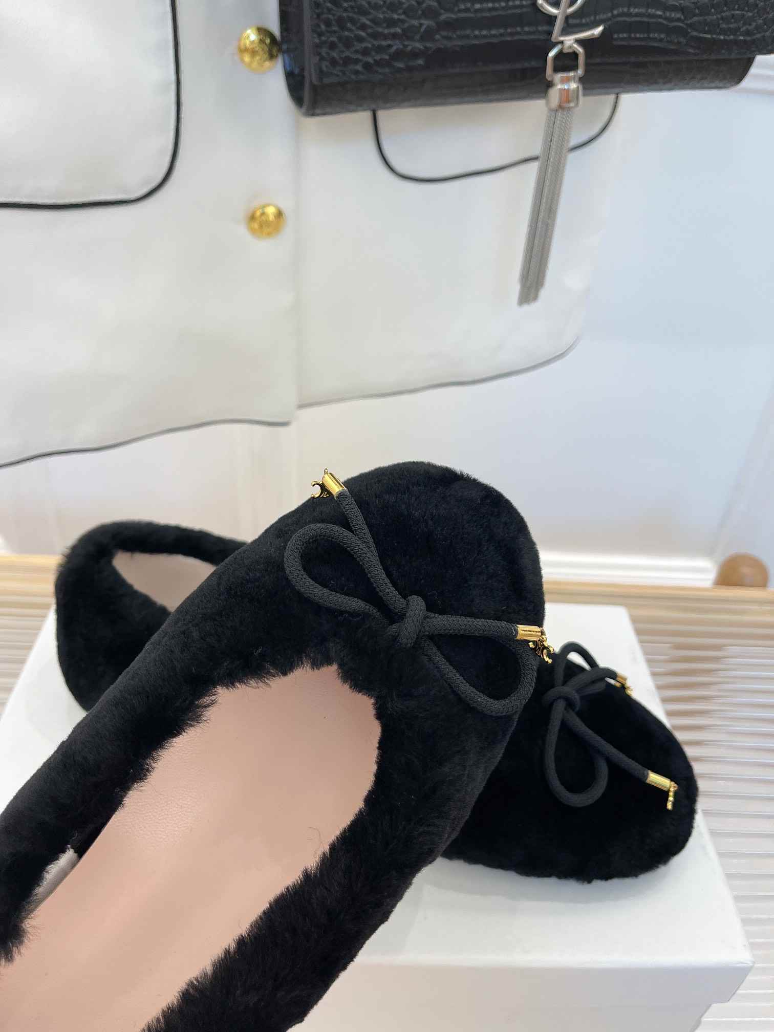 Ce1i*e Les Ballerines Ce1i*e Ballerina With Triomphe Laces And Fur Black For Women