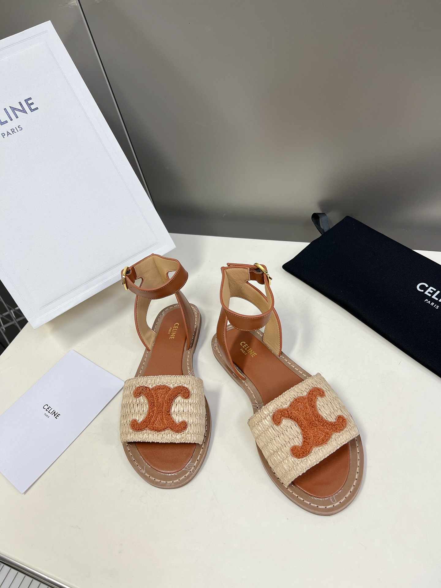 Ce1i*e Lympia Flat Strap Sandal In Raffia Brown For Women