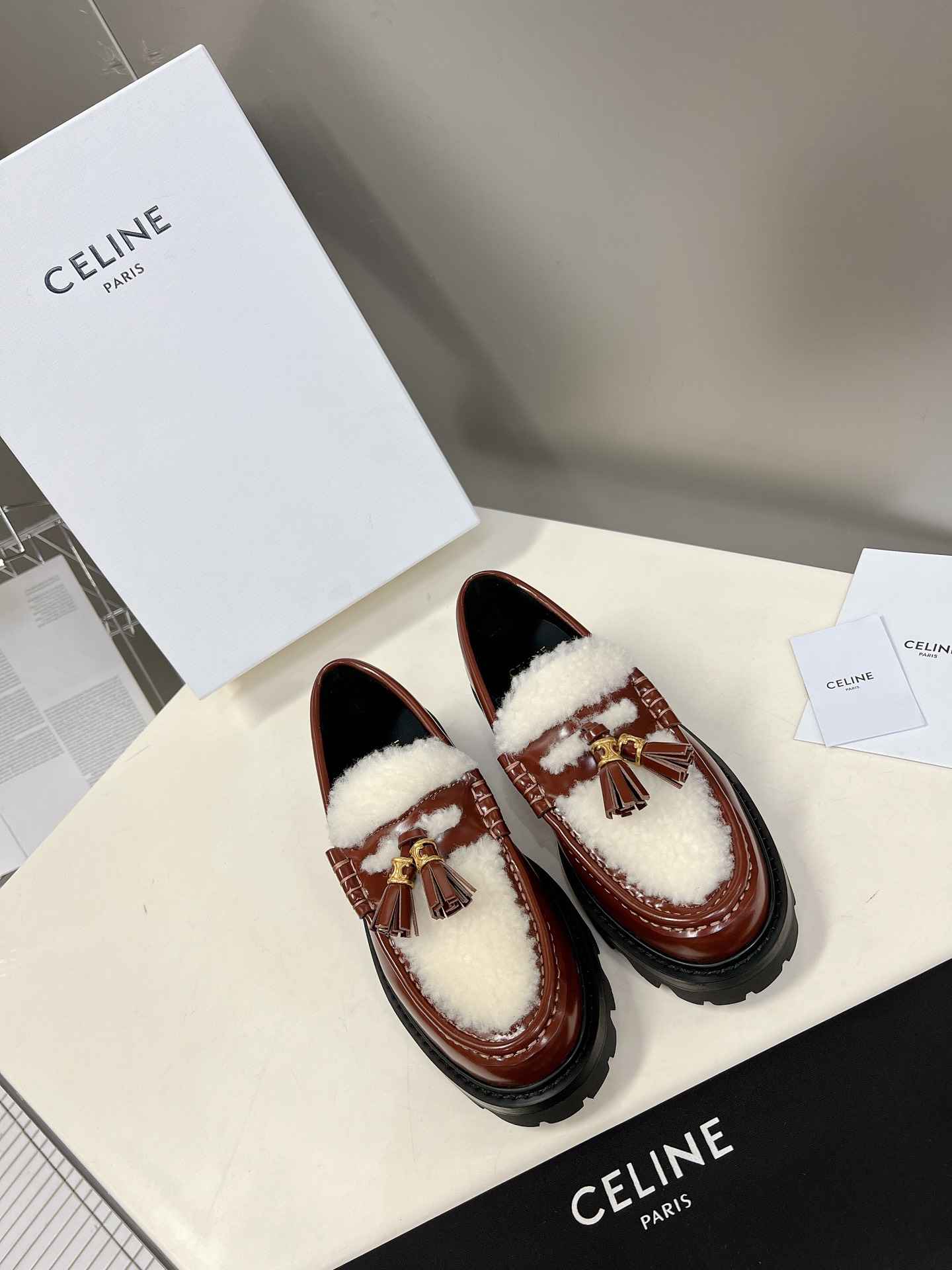 Ce1i*e Margaret Fur Loafer With Tassels Burgundy For Women