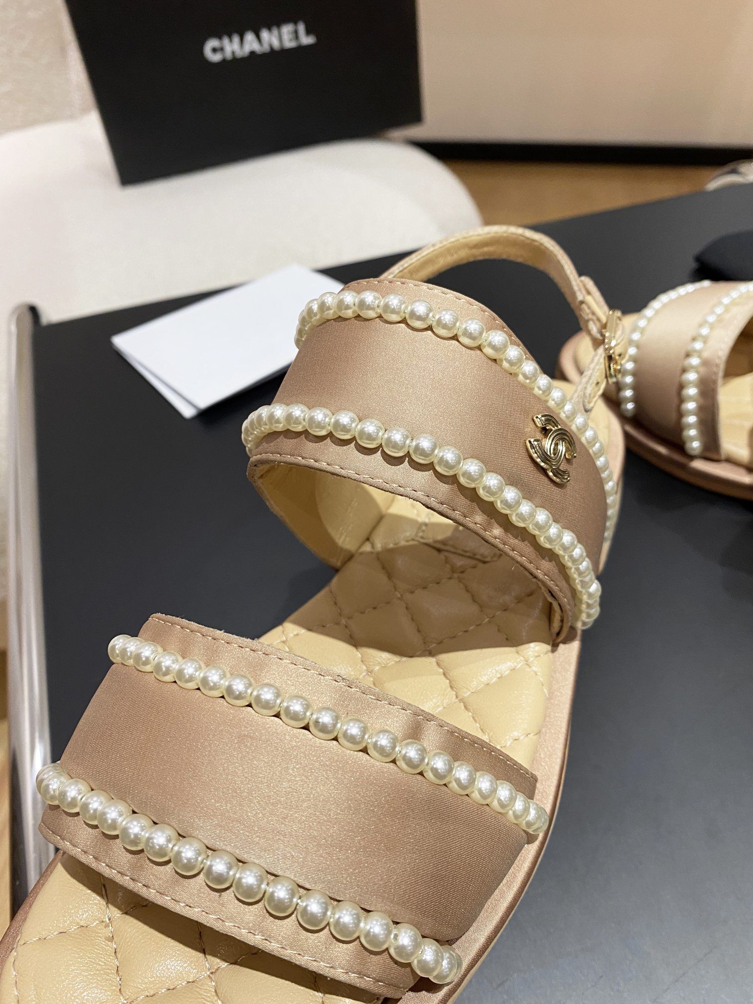 Ch**el Pearl Flat Sandals Brown For Women