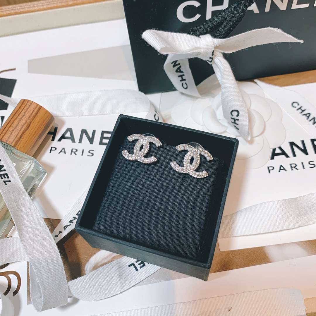 Ch**el Rhinestone Double C Earrings Silver For Women