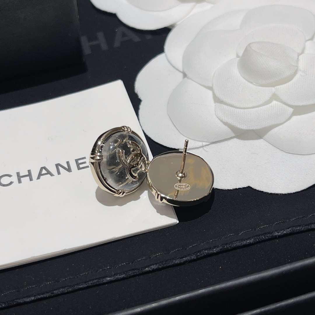 Ch**el Round Button Plastic Earrings Silver For Women