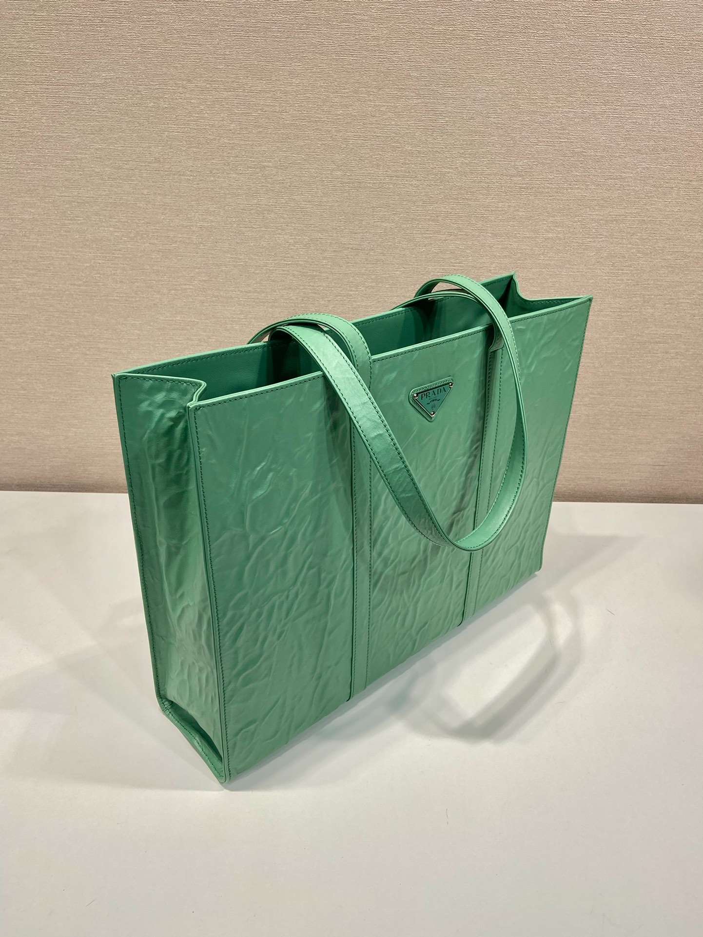 Pra*a Large Antique Nappa Tote Grey/Green For Women 15.3in/39cm 1BG460_UVL_F0480_V_OOO