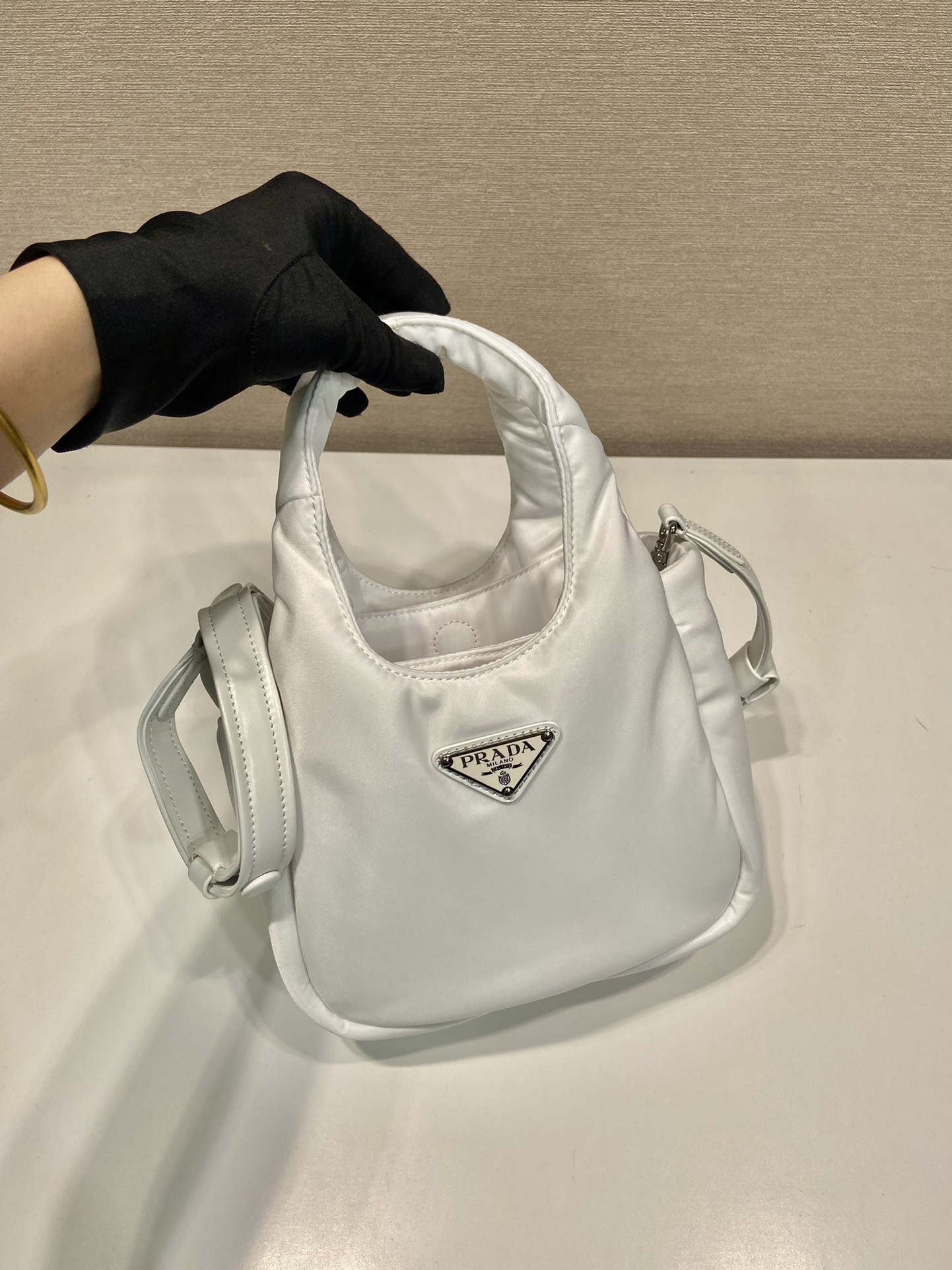 Pra*a Soft Padded Re-Nylon Mini-Bag White/Pink/Beige For Women 7.1in/18cm 1BA359_RCCJ_F0009_V_OVM