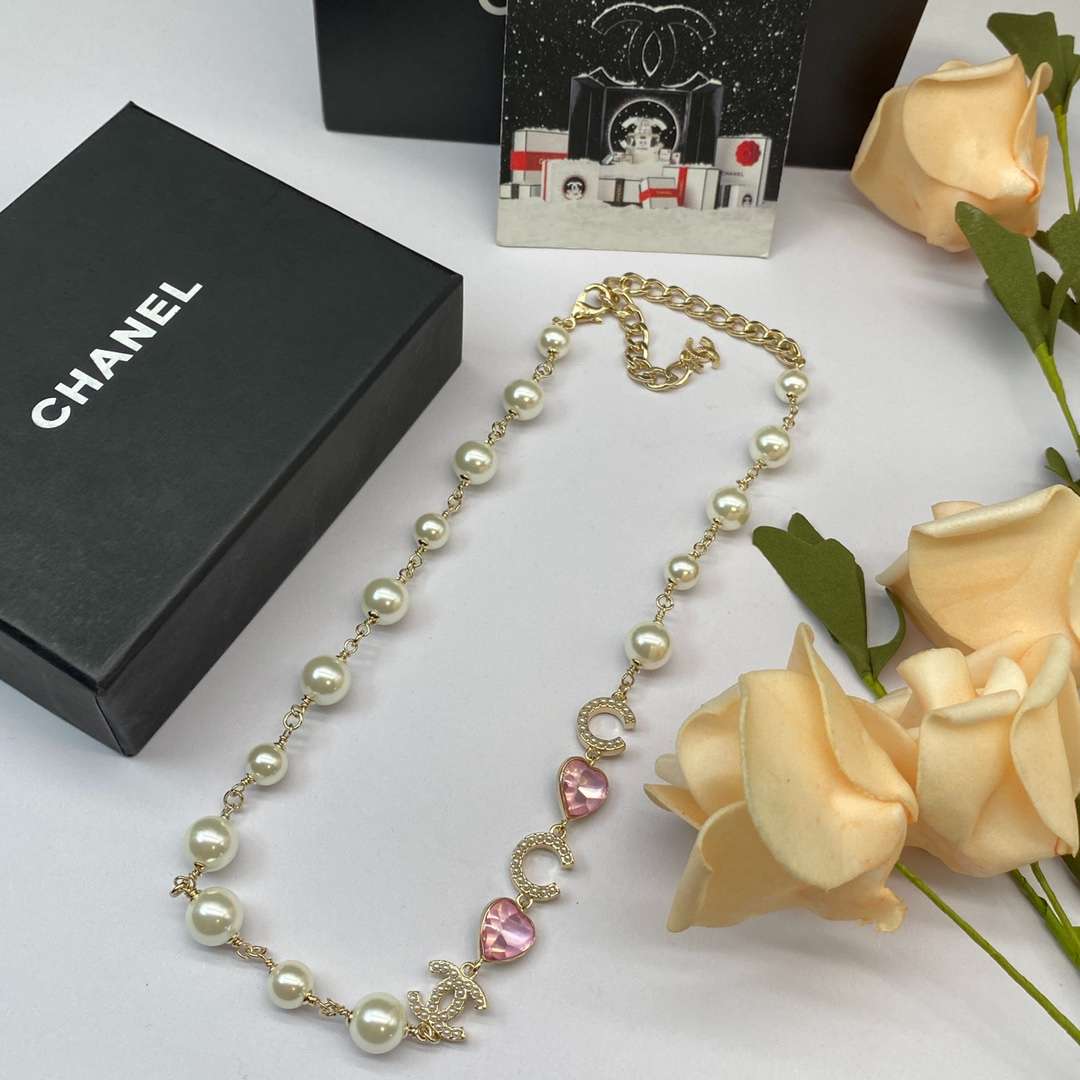 Ch**el Pearl Crystal Necklace Gold For Women