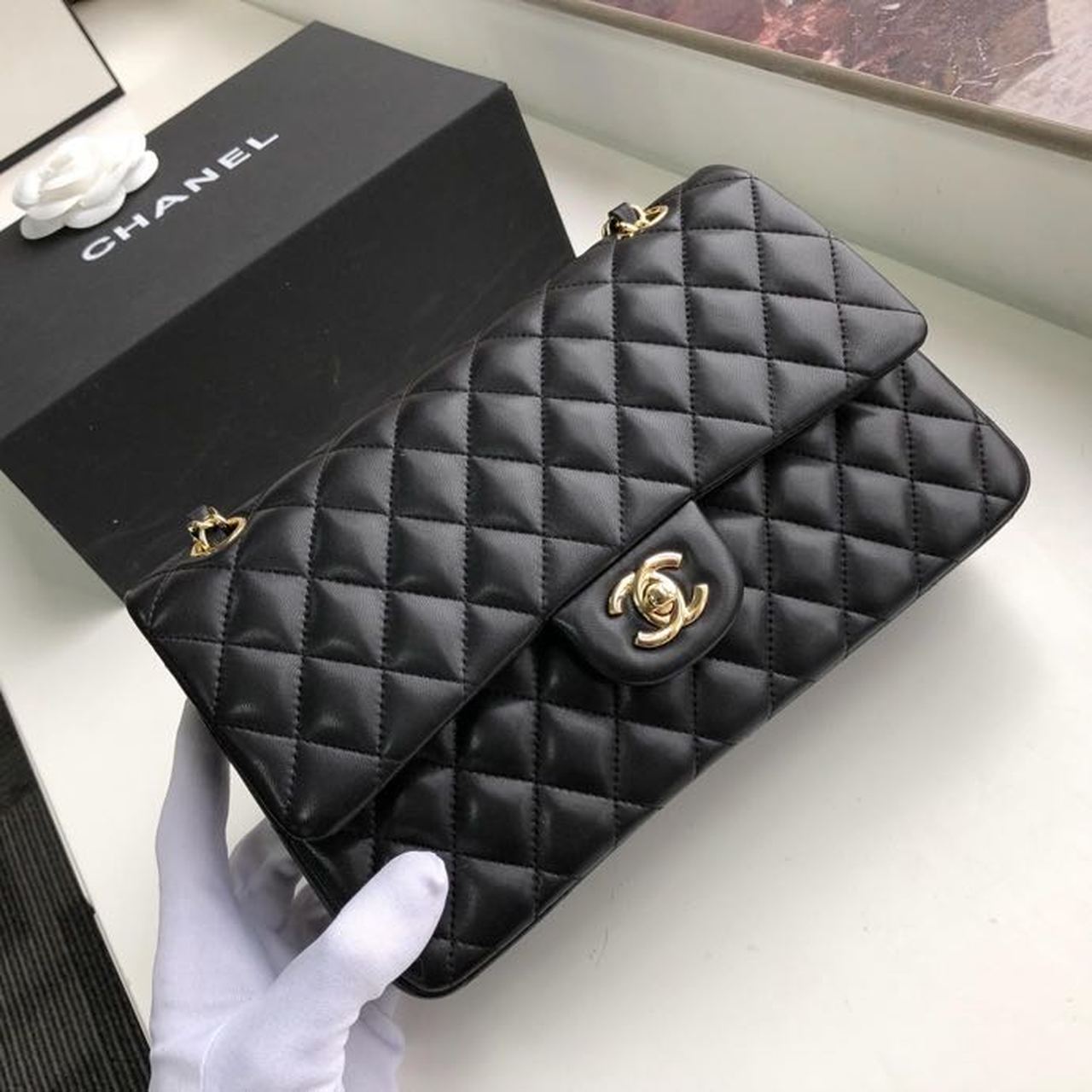 Ch**el Classic Handbag Gold Toned Hardware Black For Women, Women’s Bags, Shoulder And Crossbody Bags 10in/25.5cm A01112