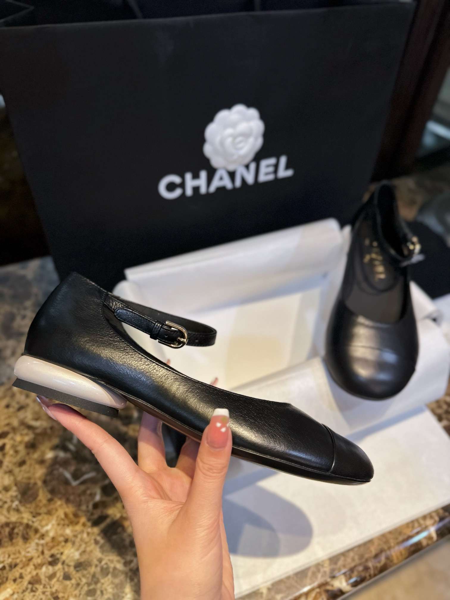 Ch**el Mary Jane Flats Pearl Black For Women