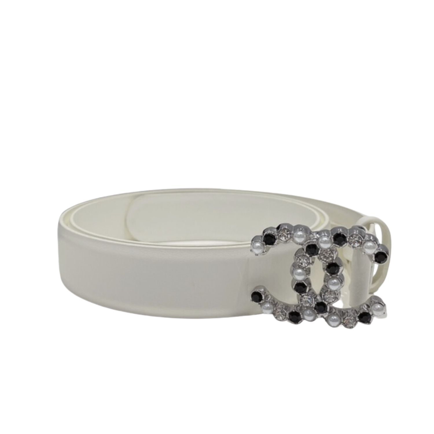 Ch**el Two Color Pearl Interlocking C Buckle Belt White For Women