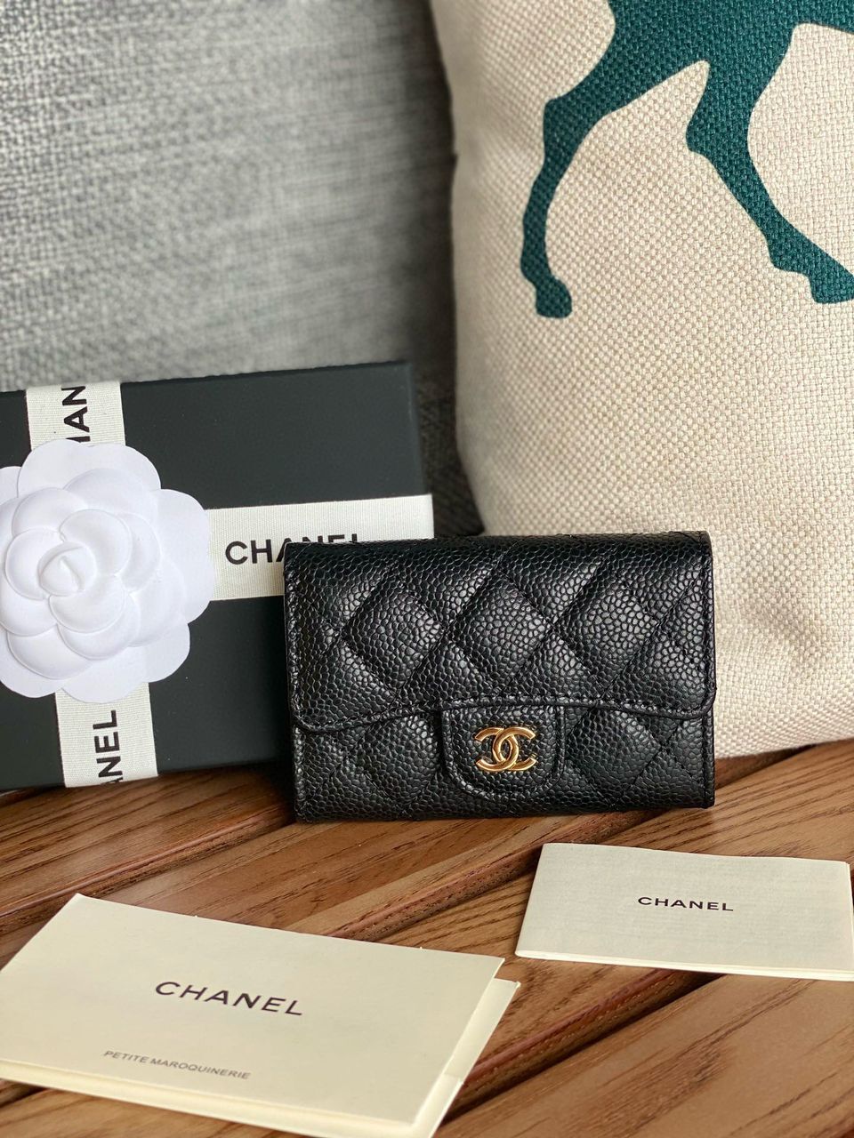 Ch**el Classic Card Holder Gold Black For Women, Women’s Wallet 4.5in/11.5cm