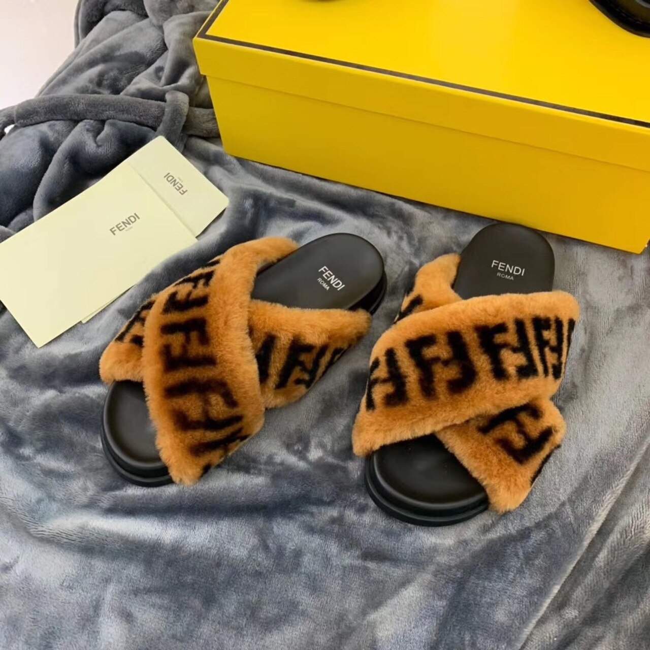 F**di Shearling FF Logo Leather & Dyed Shearling Fur Cross Slides Fall/Winter 2019 Collection, Black/Brown