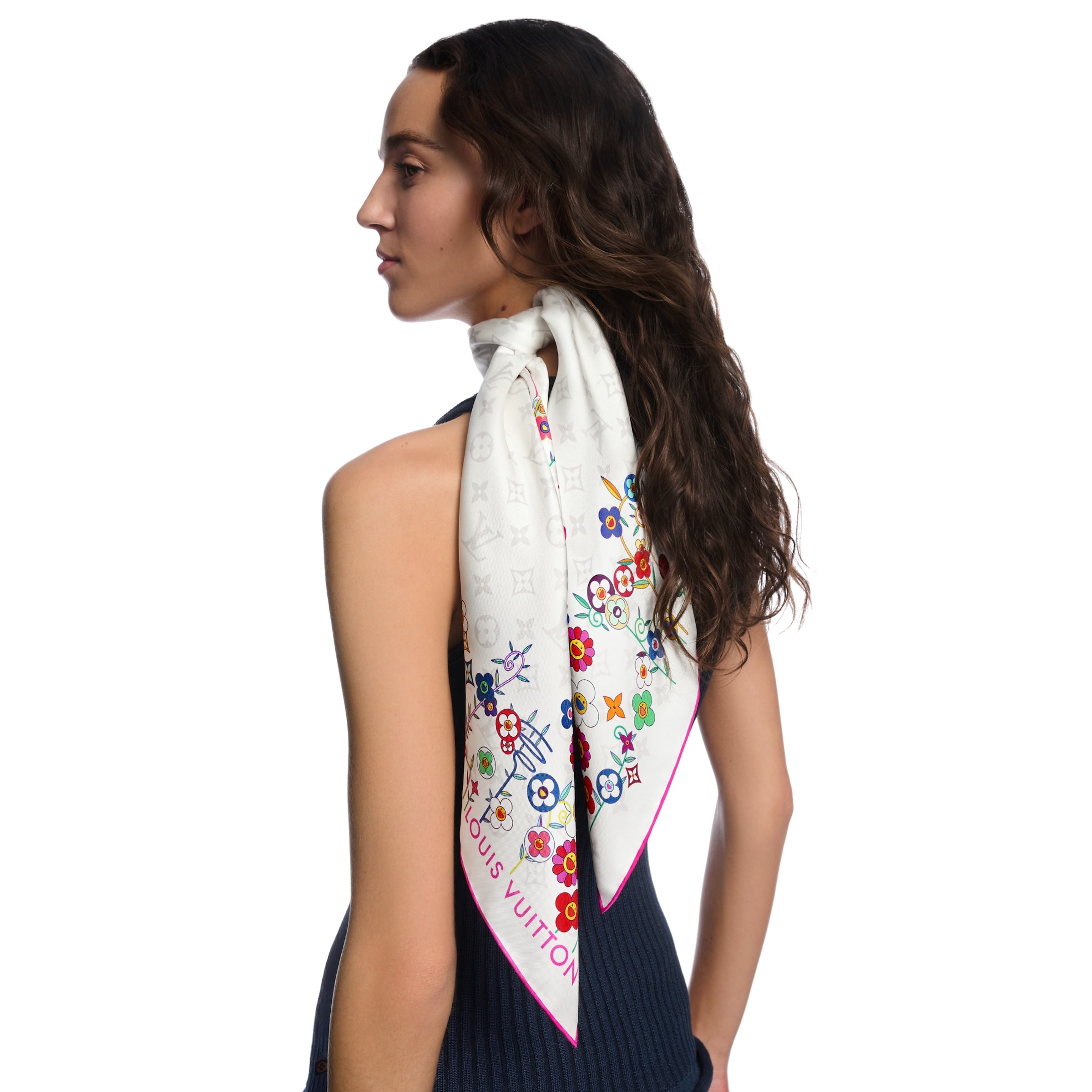 L0vis Vvtt0n LV x TM Monogram S*perflat Flowers Square 90 Scarf White For Women M96263