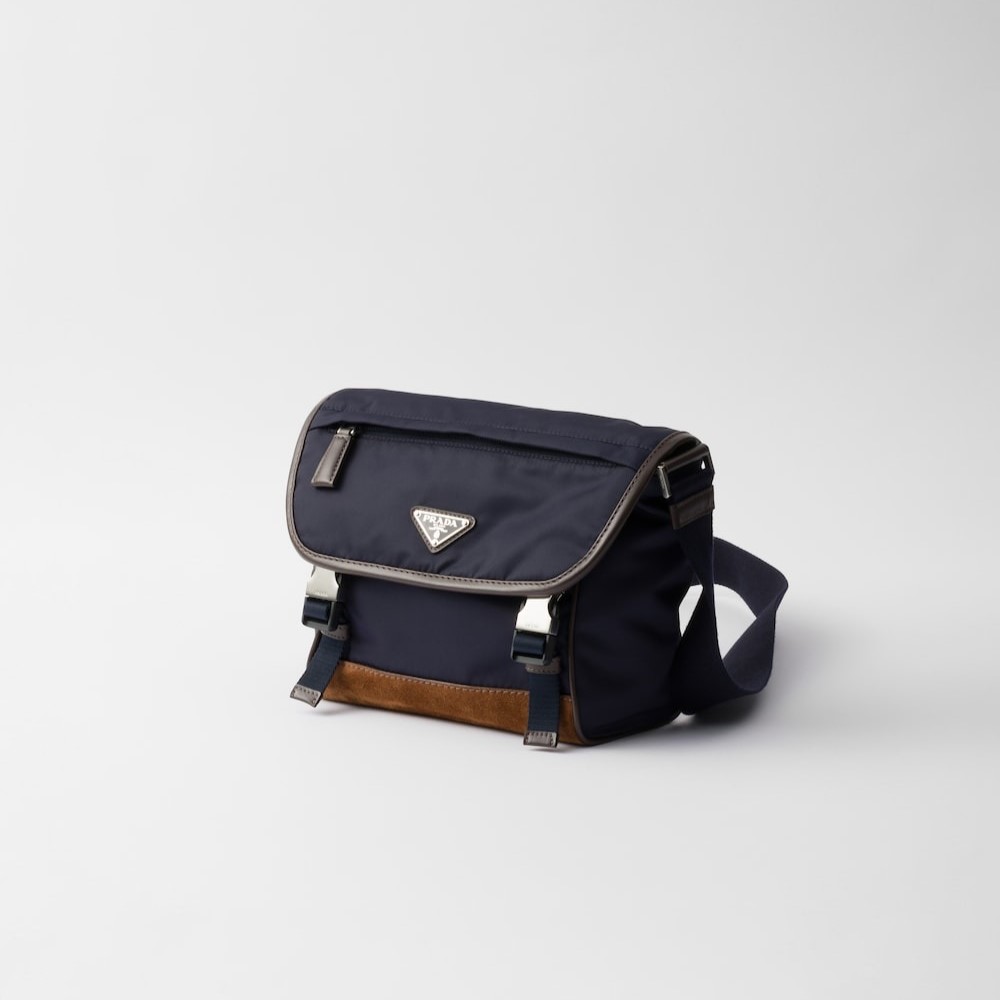 Pra*a Small Re-Nylon And Leather Shoulder Bag Blue For Men 8.9in/22.5cm 2VD066_384_F0C1B_V_OOF