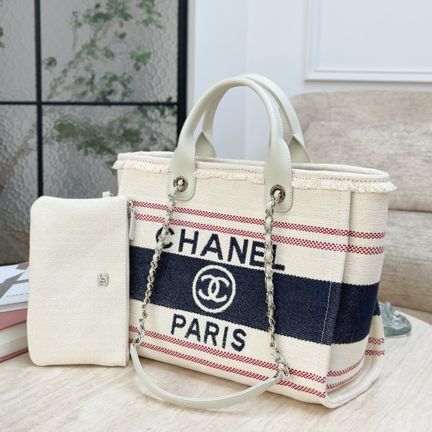 Ch**el Large Deauville Tote Bag Beige For Women 35cm/14in