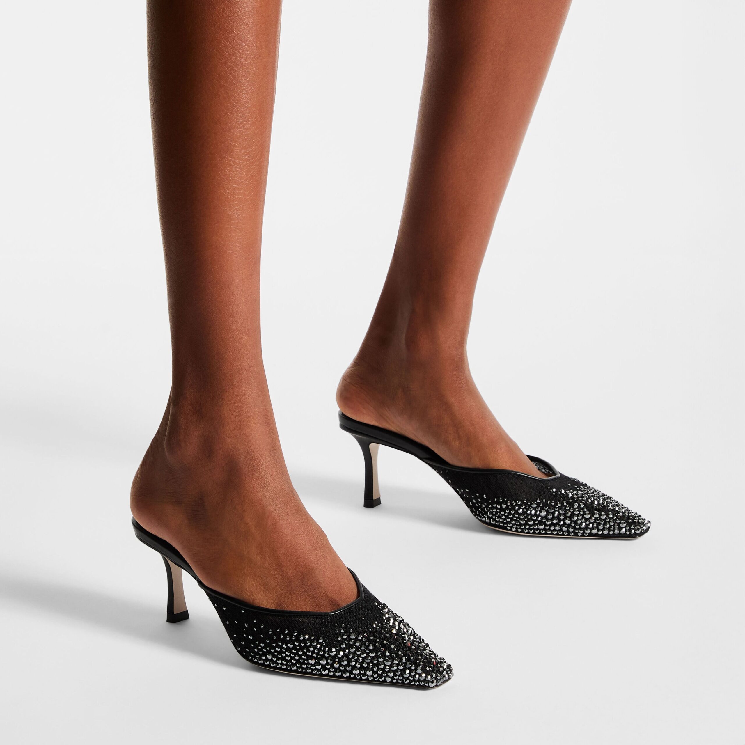 J1m*y Ch00 Vivi 65 Crystal Mesh Mules Black For Women VIVI65NYT