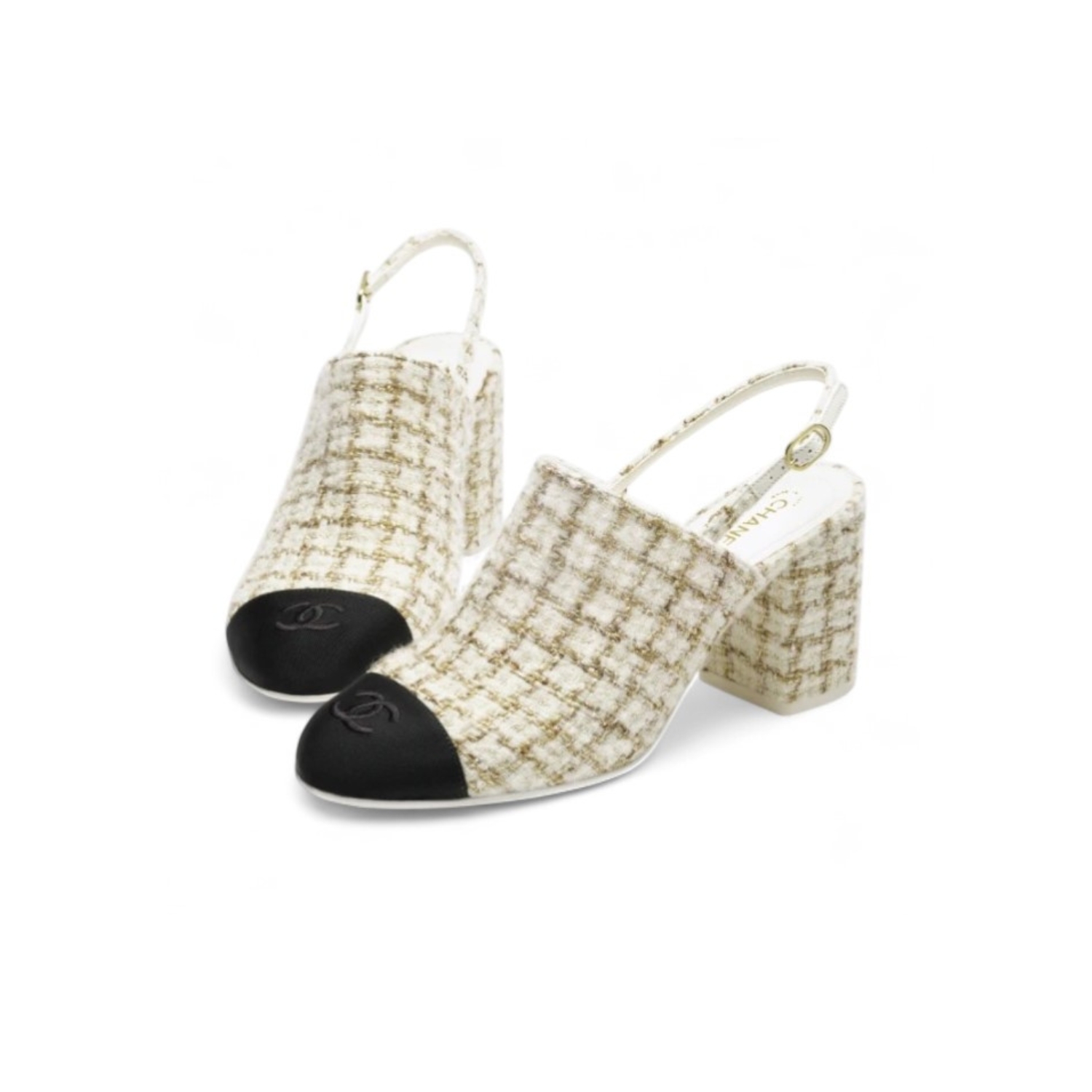 Ch**el Tweed Slingbacks Beige/Gold For Women G46865-B22422-U4537