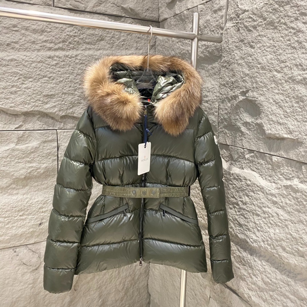 Moncler Boed Hooded Shearling-Trimmed Short Down Jacket Dark Green For Women