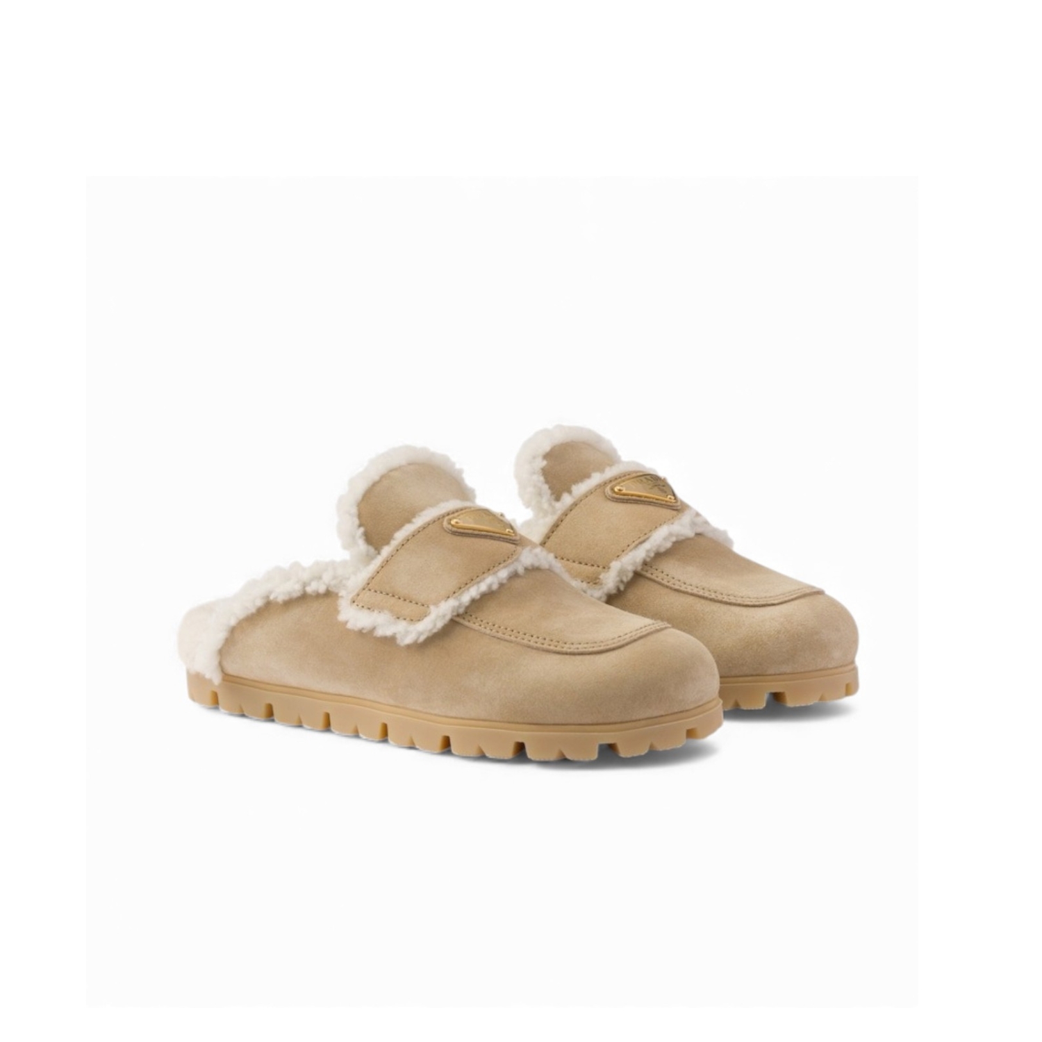 Pra*a Suede And Shearling Slippers Ecru For Women 1S711M_X0O_F0379_F_ZG20