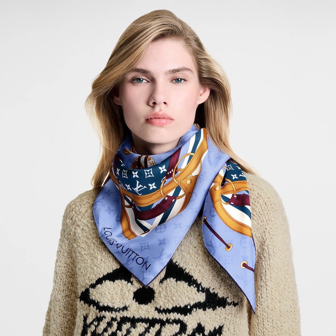 L0vis Vvtt0n Flower And Straps Square 90 Scarf Blue Denim For Women M94977