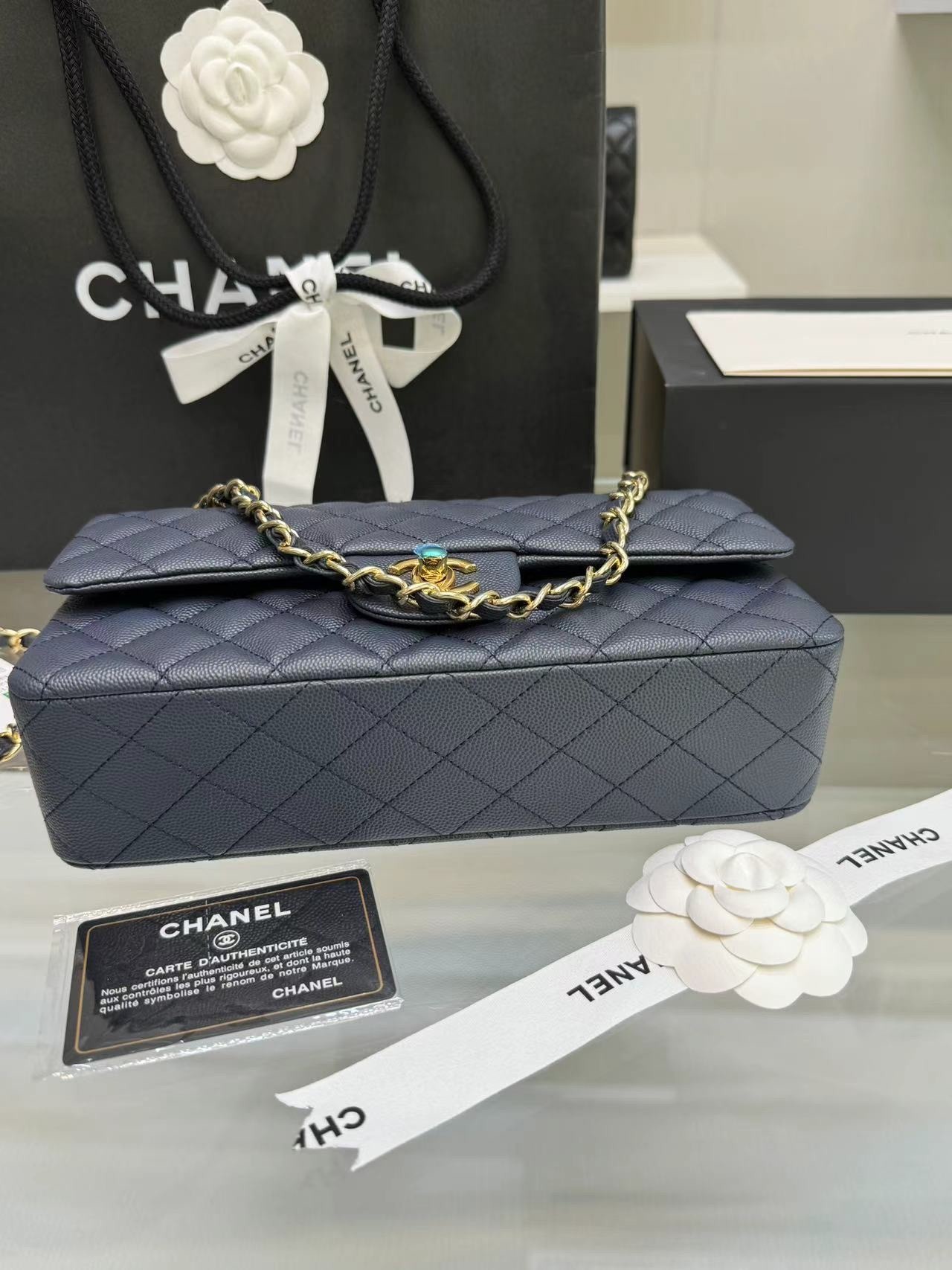 [True-to-ORIGINAL] Ch**el Classic 11.12 Handbag Dark Blue GOLD-toned hardware For Women A01112 B10583 NZG78
