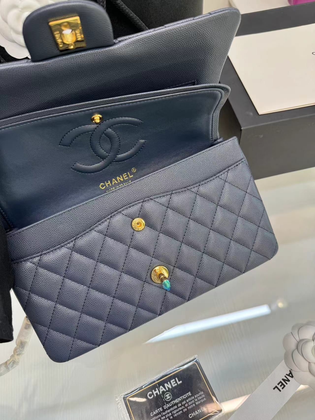 [True-to-ORIGINAL] Ch**el Classic 11.12 Handbag Dark Blue GOLD-toned hardware For Women A01112 B10583 NZG78