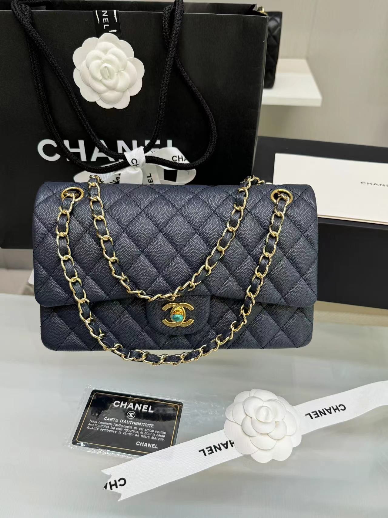 [True-to-ORIGINAL] Ch**el Classic 11.12 Handbag Dark Blue GOLD-toned hardware For Women A01112 B10583 NZG78