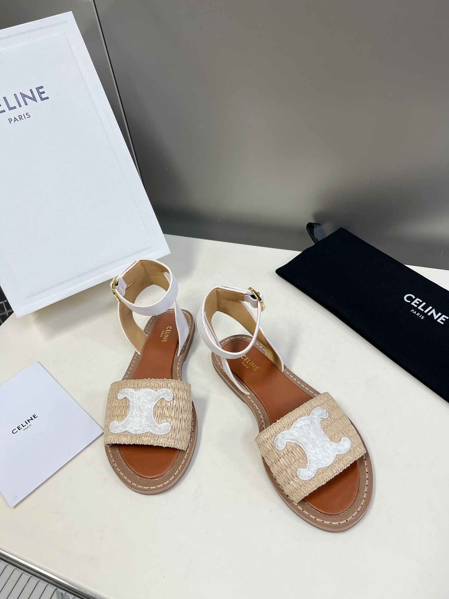 Ce1i*e Lympia Flat Strap Sandal In Raffia White For Women 352402248C.02GH