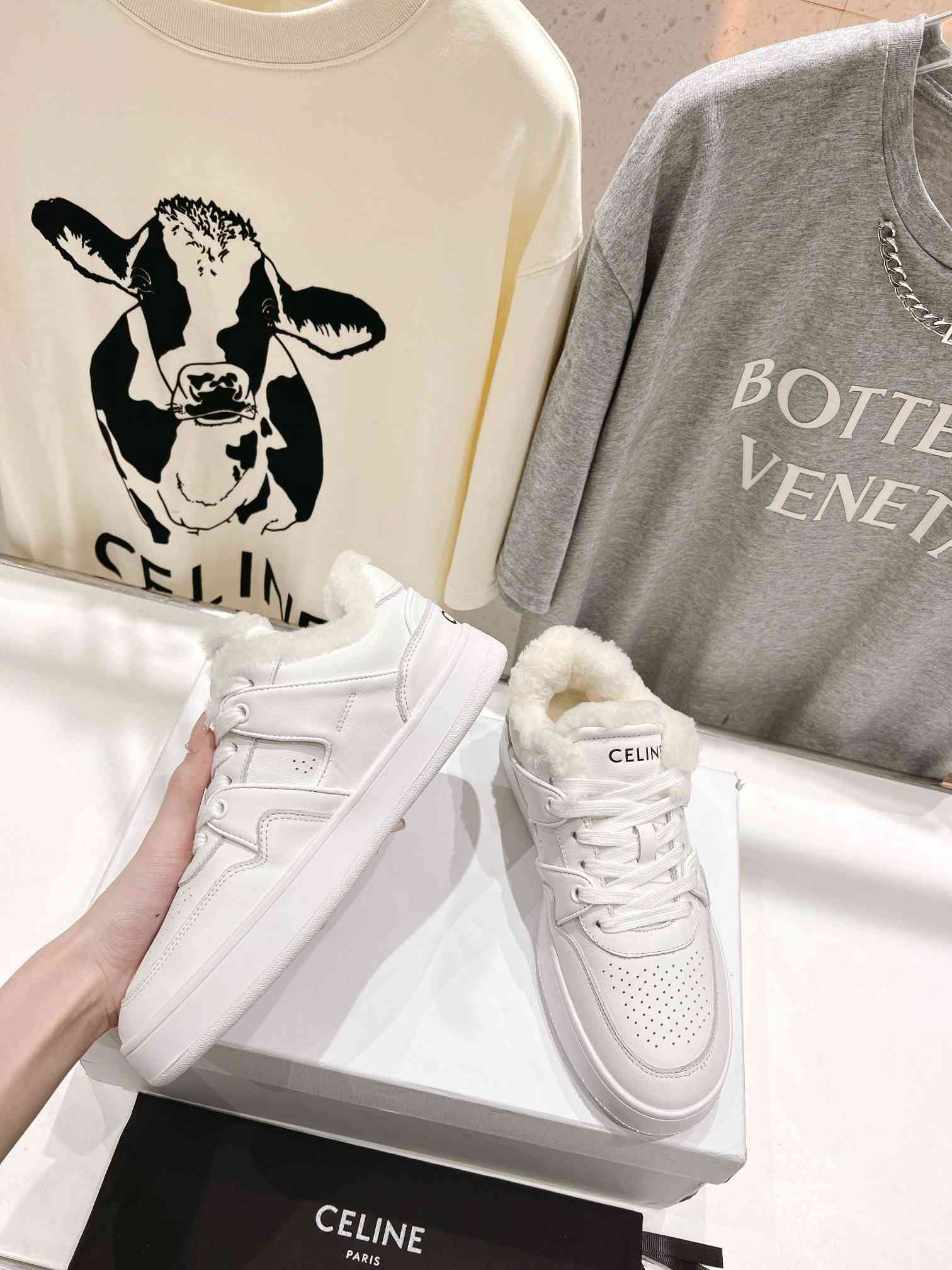 Ce1i*e Trainer Low Lace-Up Sneaker With Fur White For Women