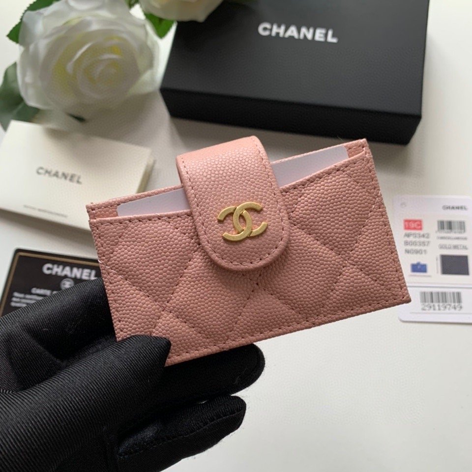 Ch**el CO-CO Card Holder Wallet Pink Gold Toned Hardware For Women 10cm/4in