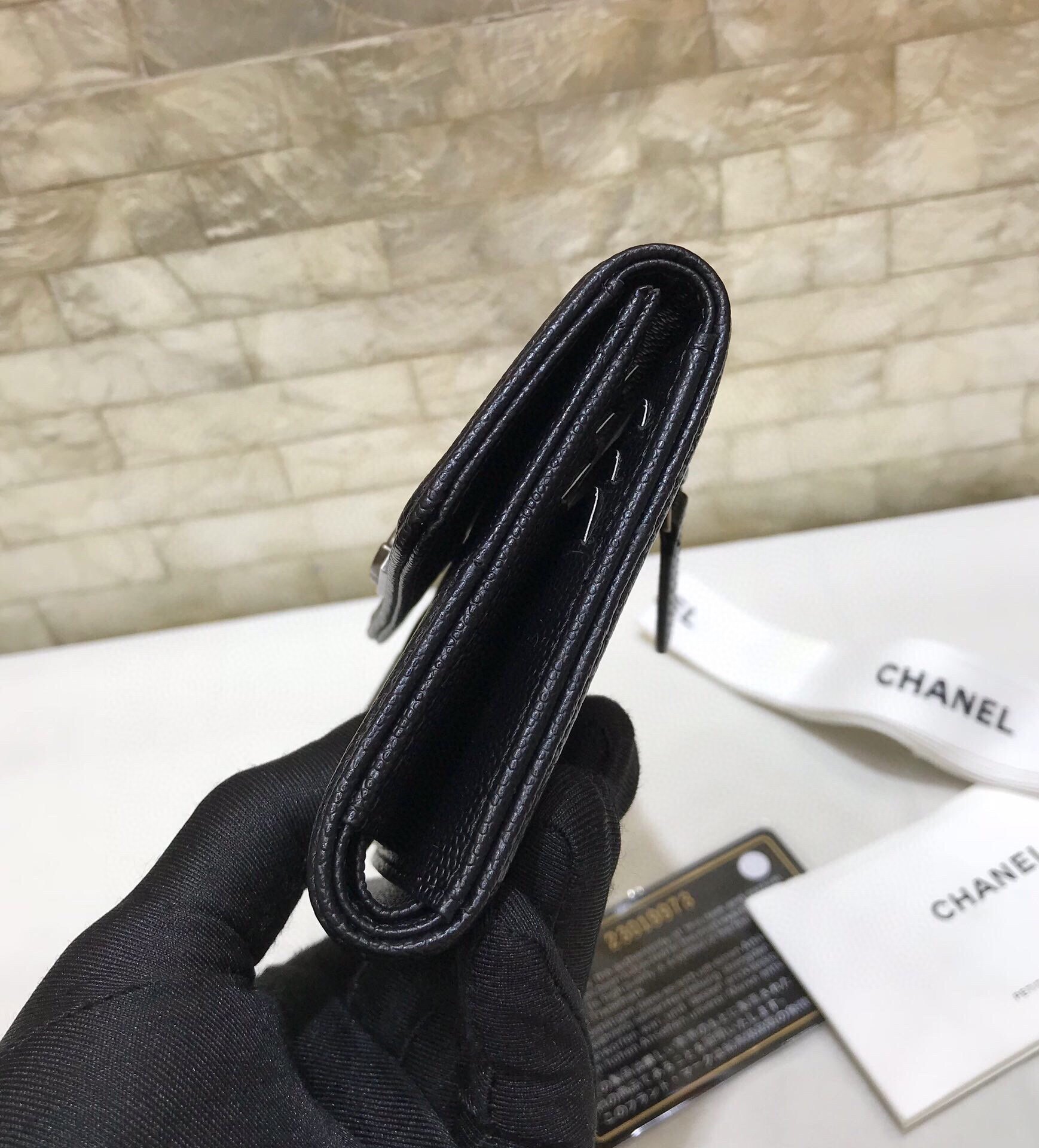 Ch**el CO-CO Flap Card Holder Wallet Black Silver Hardware For Women 11.5cm/4.5in