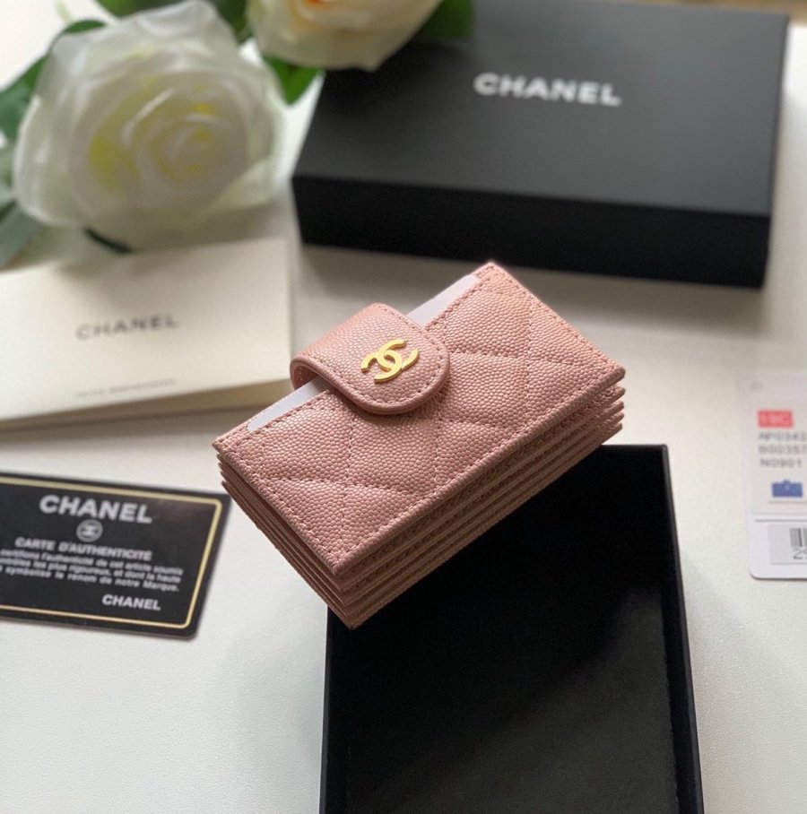 Ch**el CO-CO Card Holder Wallet Pink Gold Toned Hardware For Women 10cm/4in