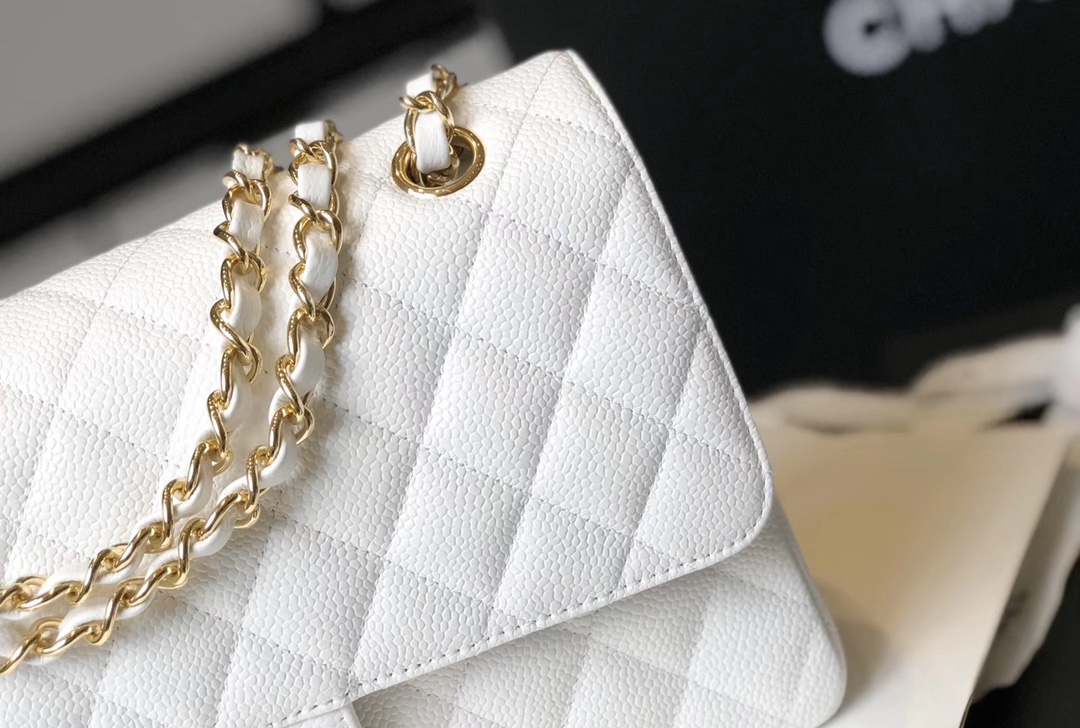 Ch**el Classic Medium Flapbag Golden Hardware White 10in/25.5cm