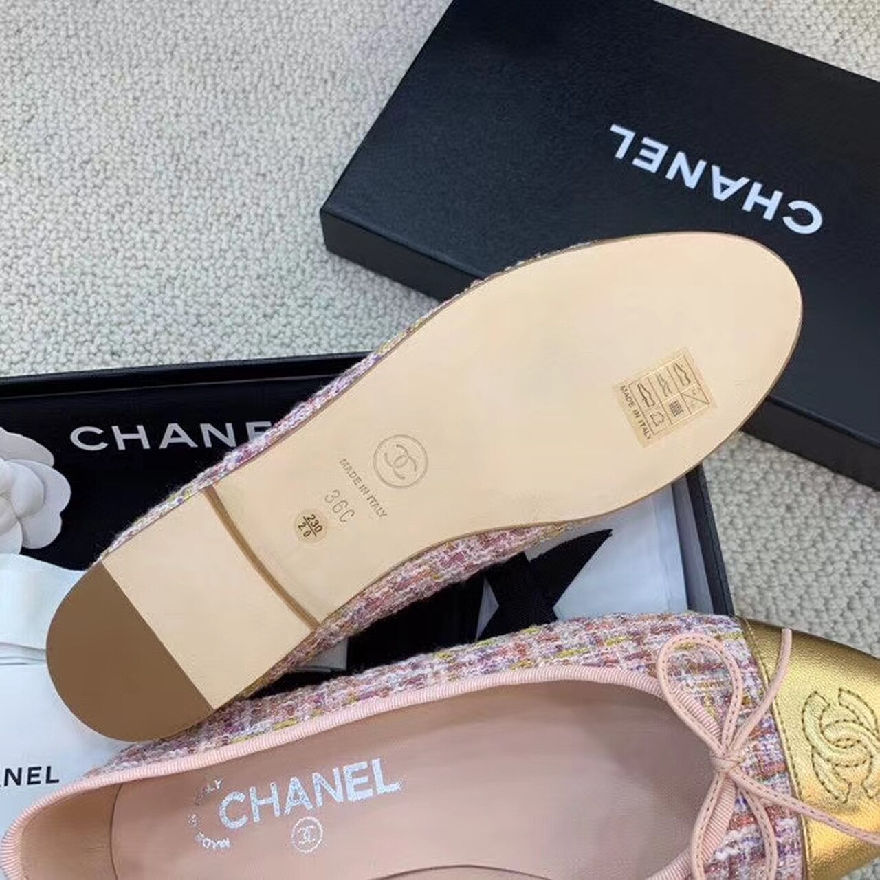 Ch**el Ballerina Flats Tweed and Grosgrain Pink/Gold For Women, Women’s Shoes G02819