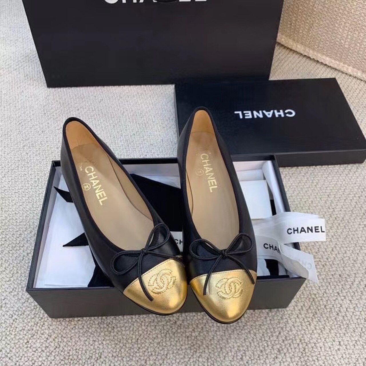 Ch**el Ballerina Flats Black/Gold For Women, Women’s Shoes G02819