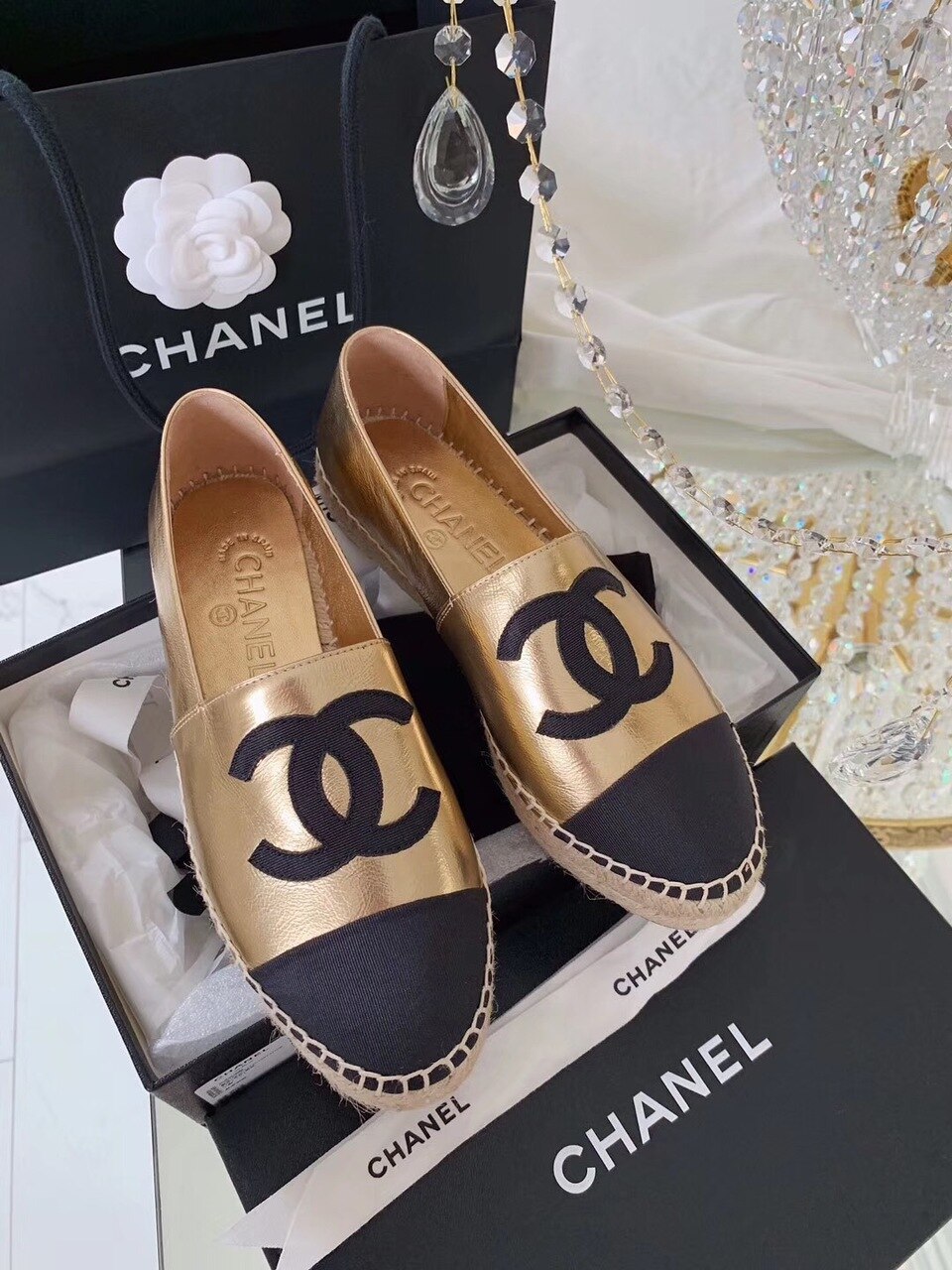 Ch**el Espadrilles Rose Gold/Black For Women, Women’s Shoes G29762