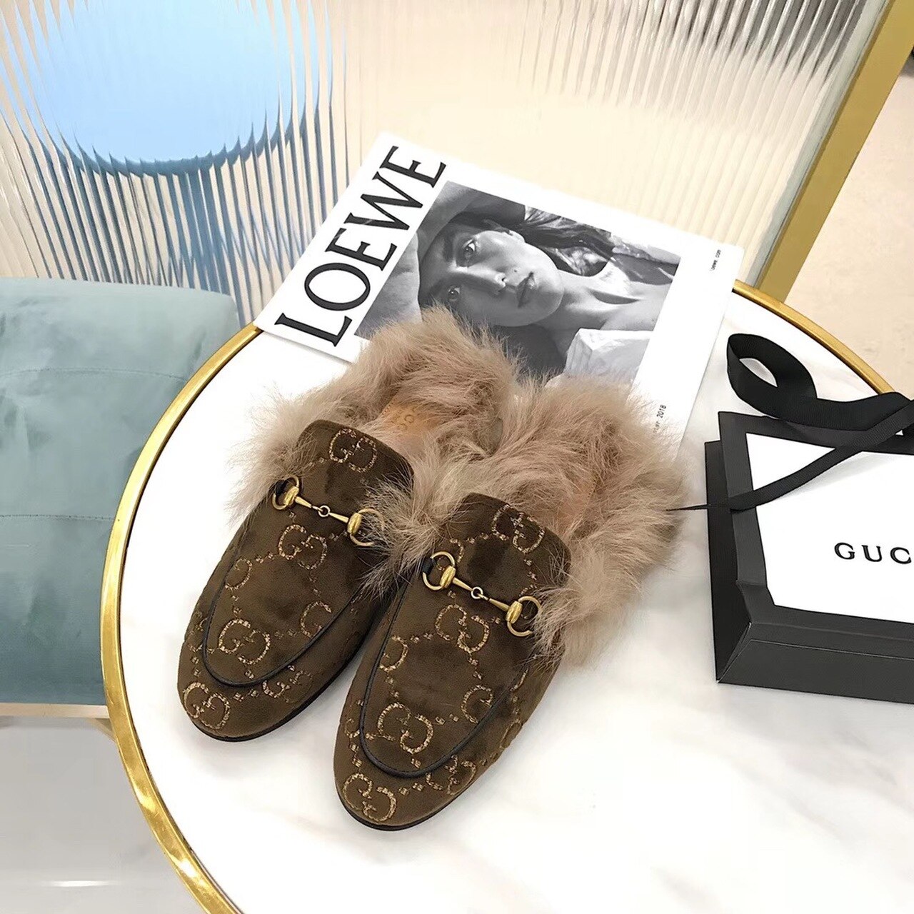 Gvc*1 Princetown Velvet Fur Slipper Mules 448657 Calfskin Leather Pre-Fall/Winter Collection, Brown