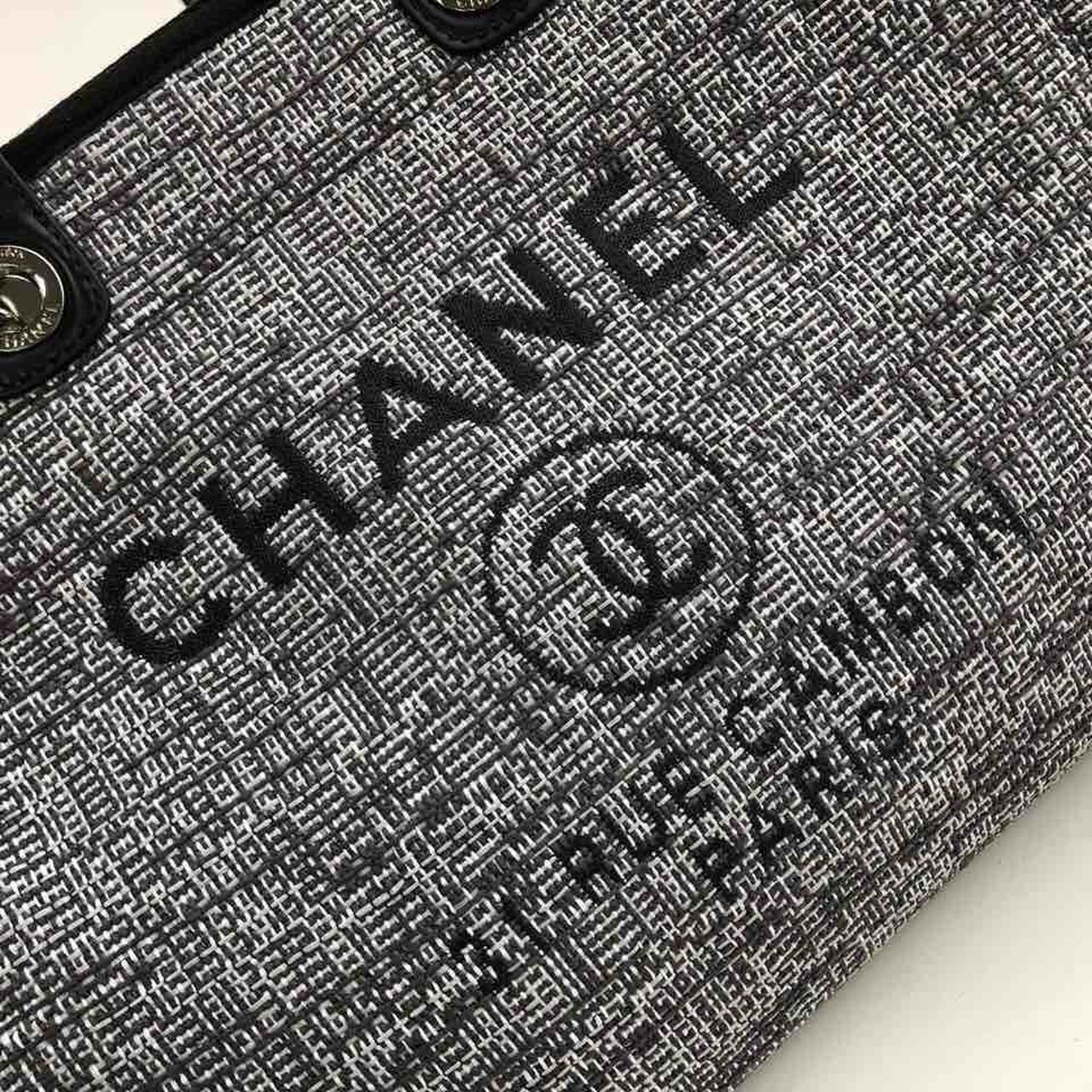 Ch**el Deauville Tote Raffia Canvas Bag Black/White For Women 14.9in/38cm