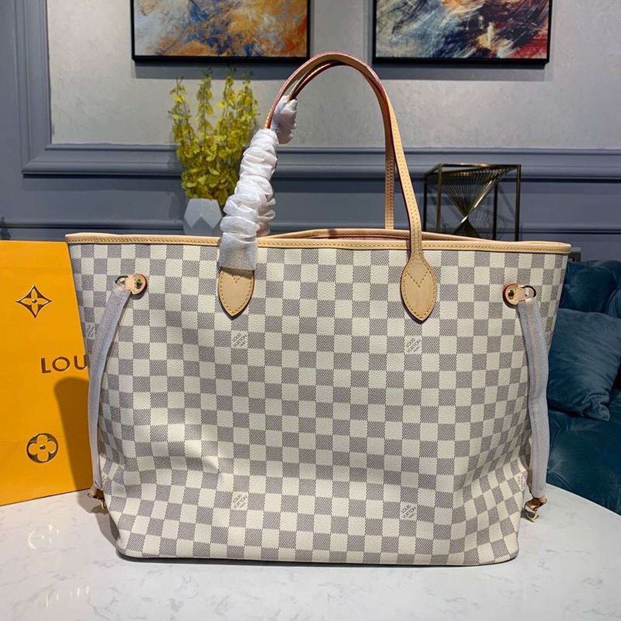 L0vis Vvtt0n Neverfull GM Tote Bag Damier Azur Canvas Rose Ballerine Pink For Women, Women’s Handbags, Shoulder Bags 15.4in/39cm LV N41604