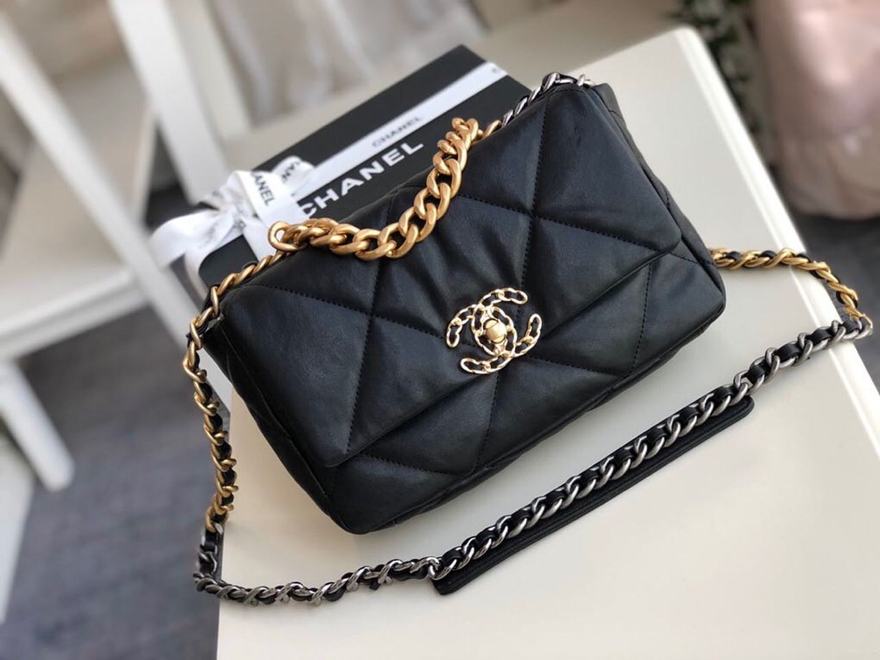 Ch**el 19 HandBag Black For Women 10.1in/26cm AS1160