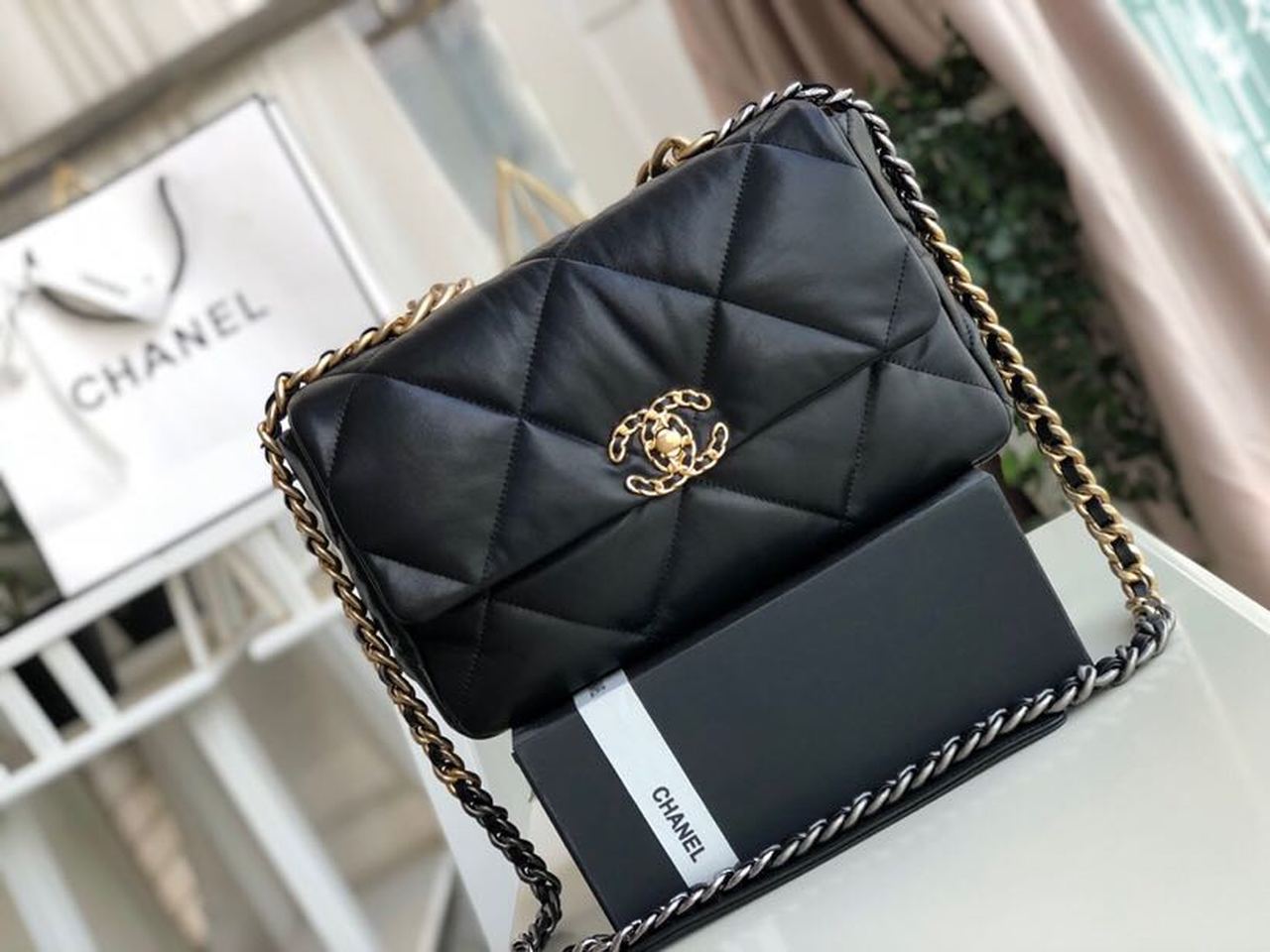 Ch**el 19 HandBag Black For Women 11.8in/30cm