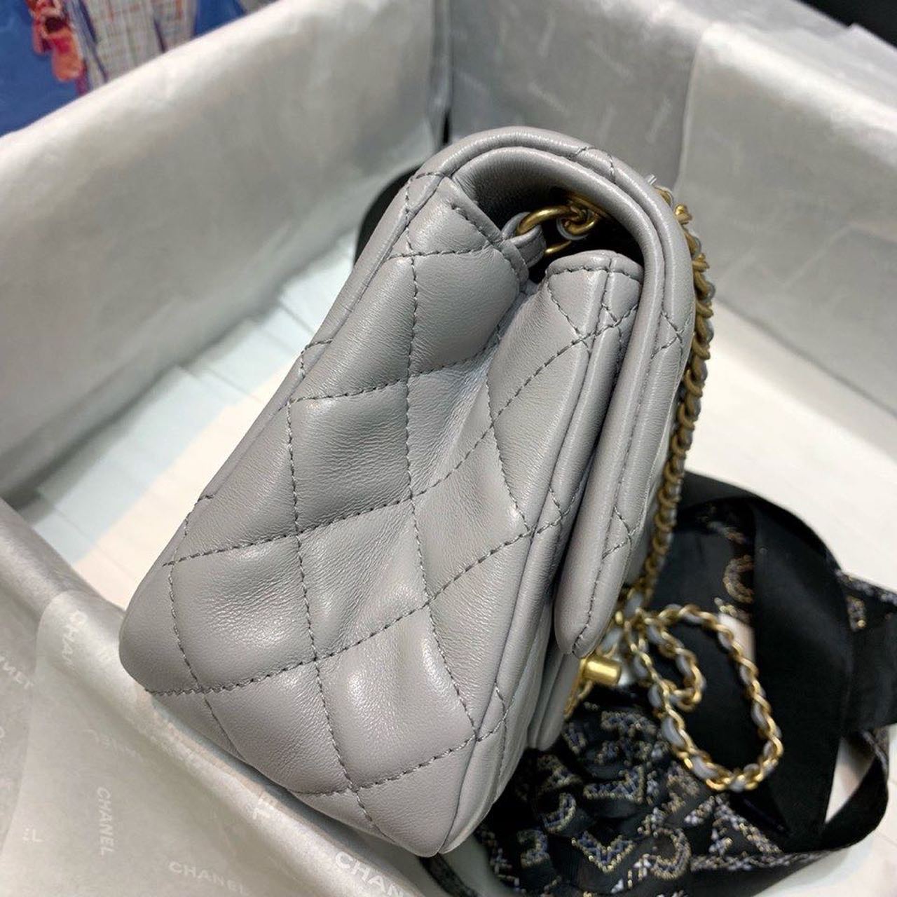 Ch**el Classic Flap With Charm Chain With CC Details On Strap Bag 17cm/7inch Gold Hardware Grey