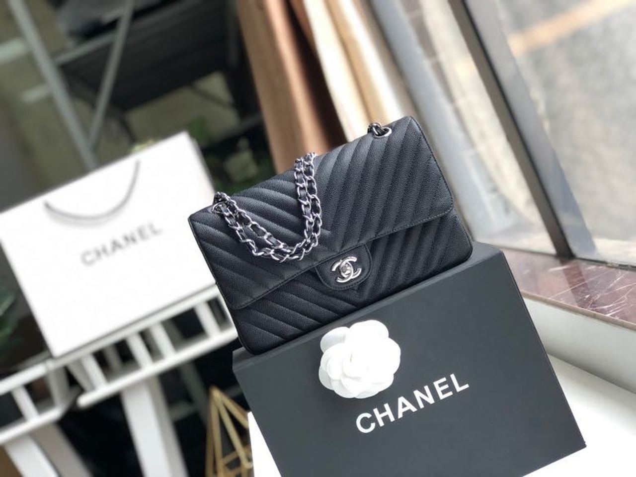 Ch**el Chevron Classic Handbag Silver Hardware Black For Women, Women’s Bags, Shoulder And Crossbody Bags 10.2in/26cm