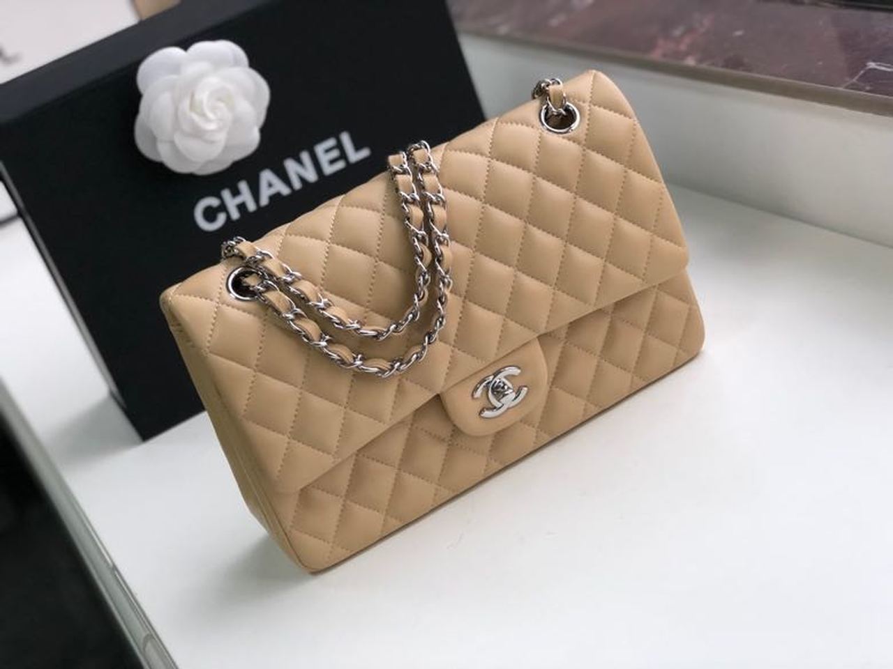 Ch**el Classic Handbag Silver Hardware Beige For Women, Women’s Bags, Shoulder And Crossbody Bags 10.2in/26cm A01112