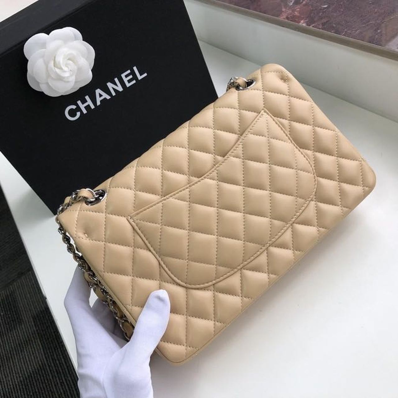 Ch**el Classic Handbag Silver Hardware Beige For Women, Women’s Bags, Shoulder And Crossbody Bags 10.2in/26cm A01112