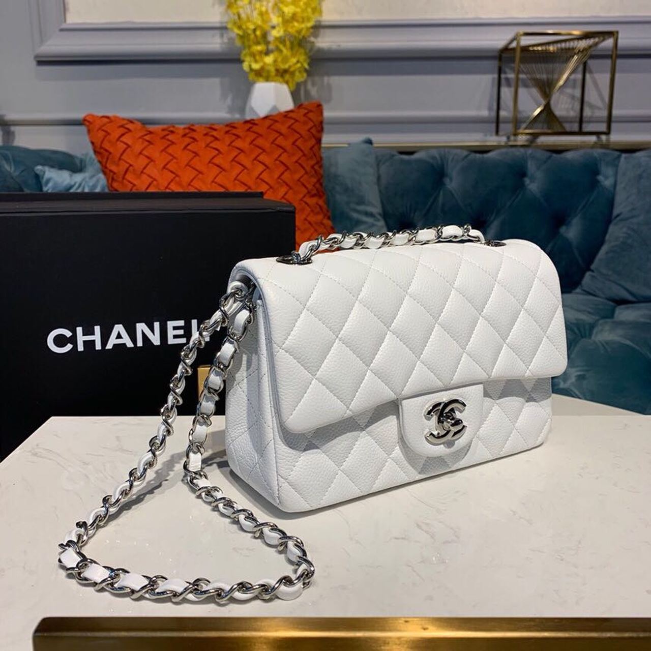Ch**el Small Classic Handbag Silver Hardware White For Women, Women’s Bags, Shoulder And Crossbody Bags 7.9in/20cm A01113