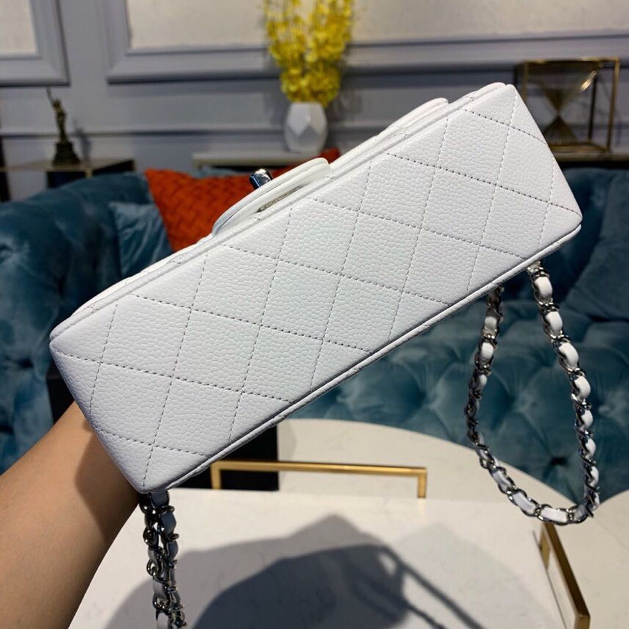 Ch**el Small Classic Handbag Silver Hardware White For Women, Women’s Bags, Shoulder And Crossbody Bags 7.9in/20cm A01113