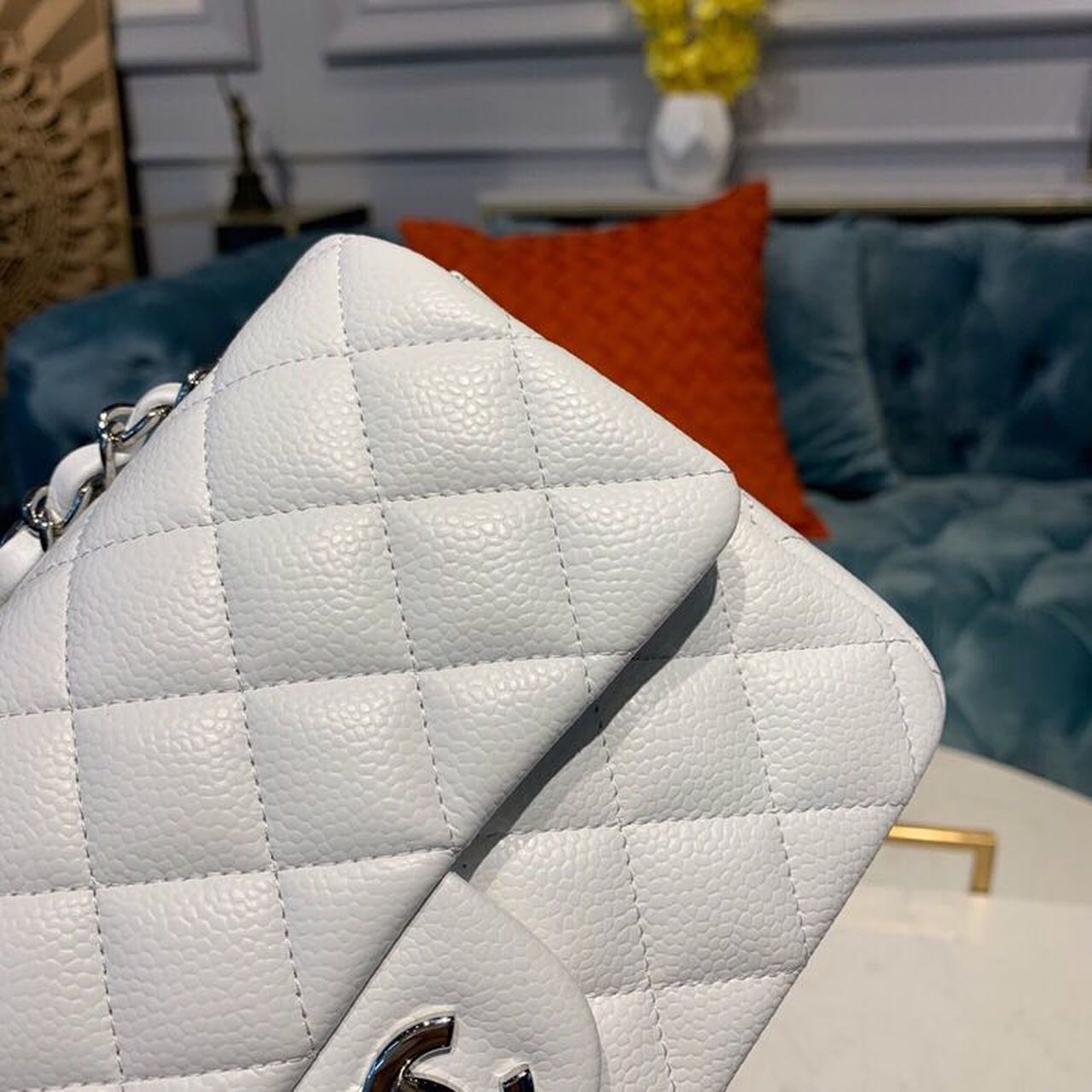 Ch**el Small Classic Handbag Silver Hardware White For Women, Women’s Bags, Shoulder And Crossbody Bags 7.9in/20cm A01113