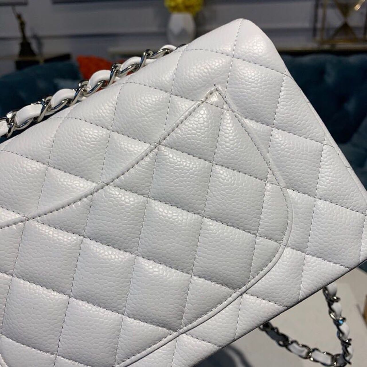 Ch**el Small Classic Handbag Silver Hardware White For Women, Women’s Bags, Shoulder And Crossbody Bags 7.9in/20cm A01113